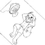  2013 anthro bandai_namco biped bottomwear canid canine clothing collar digimon digimon_(species) floppy_ears gaokun gaokun_(character) hand_behind_head hi_res looking_up lying male mammal rotary_fan shirt shorts sketch solo tank_top topwear watermark 