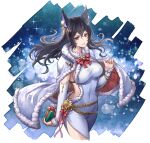  1girl animal_ears black_hair breasts cape christmas_present covered_navel detached_sleeves erune eustace-flamek fur-trimmed_cape fur_trim gift granblue_fantasy highres ilsa_(granblue_fantasy) long_hair red_eyes red_nails sideless_outfit 