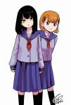  2girls :&gt; alternate_costume black_hair hair_ornament hairclip highres izumi_(toubun_kata) looking_at_viewer medium_hair mieruko-chan multiple_girls official_art orange_hair pleated_skirt purple_eyes school_uniform serafuku simple_background skirt standing white_background yellow_eyes yotsuya_miko younger yurikawa_hana 