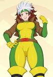  1girl abs afrobull artist_name belt bodysuit bodysuit_under_clothes boots breasts brown_hair covered_navel gloves green_eyes hand_on_hip headband highres large_breasts lipstick makeup marvel multicolored_hair rogue_(x-men) smile solo thighhighs trench_coat white_hair x-men 