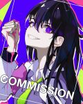  1girl arm_up artist_name bangs black_hair blood character_request clenched_hand collared_shirt commentary commission daichim_lem green_necktie grin hair_between_eyes long_hair looking_at_viewer necktie purple_eyes purple_shirt shirt sidelocks smile solo teeth upper_body 