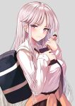  1girl alternate_costume azur_lane bag bangs black_necktie breasts cellphone clothes_around_waist collared_shirt eating enterprise_(azur_lane) grey_background jacket jacket_around_waist large_breasts long_hair long_sleeves necktie phone purple_eyes schreibe_shura shirt silver_hair simple_background smartphone solo very_long_hair white_shirt 