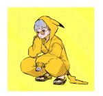  1girl :o apex_legends barefoot_sandals brown_eyes cosplay grey_hair hair_behind_ear highres hood hood_up looking_at_viewer namerakano_mato onesie open_mouth pikachu pikachu_(cosplay) pikachu_costume pokemon short_hair sleeves_past_wrists solo squatting sunglasses valkyrie_(apex_legends) 