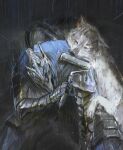  1boy armor artorias_the_abysswalker cape dark_souls_(series) dark_souls_i full_armor fur gauntlets great_grey_wolf_sif grey_fur guri_otoko helm helmet highres knight torn_cape torn_clothes wolf 