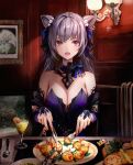  1girl absurdres bare_shoulders bow breasts cleavage cup dana_(hapong07) detached_collar detached_sleeves dress drinking_glass food fork genshin_impact golden_shrimp_balls_(genshin_impact) hair_bow hair_ears highres keqing_(genshin_impact) keqing_(opulent_splendor)_(genshin_impact) knife long_hair looking_at_viewer medium_breasts official_alternate_costume open_mouth pink_eyes plate purple_dress purple_hair solo strapless strapless_dress twintails wine_glass 