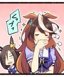  2girls air_groove_(umamusume) animal_ears bow bowtie brown_hair closed_eyes covering_mouth dot_pupils giggling highres horse_ears horse_girl ido_(teketeke) long_hair multicolored_hair multiple_girls open_mouth purple_bow purple_bowtie purple_shirt sailor_collar school_uniform serafuku shirt short_hair summer_uniform symboli_rudolf_(umamusume) tracen_school_uniform umamusume upper_body white_hair white_sailor_collar 