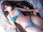  1girl :o bangs bare_arms bed bed_sheet bedroom black_hair blue_bow blue_bra blue_panties blush bow bow_bra bow_panties bra breasts cleavage clenched_hand collarbone from_above hair_between_eyes hair_over_one_eye indoors lace-trimmed_bra lace_trim light_particles long_hair looking_at_viewer medium_breasts navel on_bed open_mouth orange_eyes original panties raru_(nanaharararu) sheet_grab solo underwear underwear_only very_long_hair 