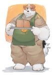  2022 absurd_res anthro apron black_nose bottomwear bread brown_body canid canine canis clothing domestic_dog food hi_res humanoid_hands kemono l4zily male mammal overweight overweight_male pants shirt solo topwear white_body 
