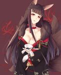  1girl absurdres akagi_(azur_lane) akagi_(plum_and_snow)_(azur_lane) animal_ears azur_lane black_kimono breasts brown_background brown_hair character_doll cleavage eyeliner fox_ears fox_girl fox_tail fur-trimmed_kimono fur_trim gloves highres japanese_clothes kimono kitsune large_breasts long_hair looking_at_viewer makeup multiple_tails official_alternate_costume orange_eyes red_sash sash shuojianghanyue simple_background solo standing tail white_gloves wide_sleeves 
