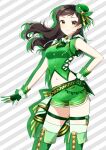  1girl bangs boots bow breasts brown_hair closed_mouth contrapposto diagonal_stripes dolphin_shorts fingerless_gloves floating_hair gloves green_bow green_footwear green_gloves green_headwear green_shirt green_shorts hair_bow hat idolmaster idolmaster_million_live! kitazawa_shiho long_hair looking_at_viewer medium_breasts midriff mini_hat navel shiny shiny_hair shirt short_shorts shorts sleeveless sleeveless_shirt smile solo standing stomach striped striped_background swept_bangs thigh_boots thigh_strap thighhighs touon white_legwear yellow_eyes zettai_ryouiki 