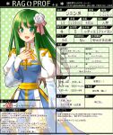  1girl arch_bishop_(ragnarok_online) bangs blue_dress blush bow breasts character_profile cleavage cleavage_cutout clothing_cutout commentary_request cowboy_shot cross dress eyebrows_visible_through_hair fishnet_legwear fishnets flower green_background green_eyes green_hair hair_bow hair_flower hair_ornament juliet_sleeves long_hair long_sleeves looking_at_viewer medium_breasts open_mouth pink_bow polka_dot polka_dot_background puffy_sleeves ragnarok_online ragprof sash smile solo thighhighs translation_request tsuki_miso two-tone_dress white_dress white_flower white_legwear yellow_sash 