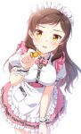  1girl apron blush bow bowtie breasts brown_hair butterfly_necklace candy cowboy_shot dress_shirt floating_hair food frilled_skirt frills holding holding_candy holding_food idolmaster idolmaster_million_live! idolmaster_million_live!_theater_days kitazawa_shiho leaning_forward long_hair looking_at_viewer maid_headdress medium_breasts miniskirt open_mouth pink_bow pink_bowtie pink_skirt shiny shiny_hair shirt short_sleeves simple_background skirt solo touon underbust waist_apron wavy_mouth white_apron white_background white_shirt wrist_cuffs yellow_eyes 