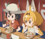  2girls animal_ears animal_print artist_name black_eyes black_hair blonde_hair bow bowl bowtie chibi chopsticks colored_inner_hair eating elbow_gloves extra_ears food food_in_mouth food_stand gloves hand_up hands_up hat_feather helmet high-waist_skirt highres holding holding_chopsticks holding_spoon kaban_(kemono_friends) kemono_friends looking_at_another looking_at_food looking_at_object medium_hair multicolored_hair multiple_girls noodles pith_helmet print_bow print_bowtie print_gloves print_skirt red_shirt serval_(kemono_friends) serval_print shirt short_hair short_sleeves skirt sleeveless sleeveless_shirt spoon steam t-shirt tail tamagoya two-tone_bowtie two-tone_hair upper_body yatai 