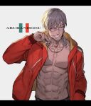  1boy abs arurandeisu character_name facial_hair glasses grey_eyes grey_hair grin highres holding holostars italian_flag italian_flag_print jacket jewelry lack letterboxed long_sleeves looking_at_viewer low_ponytail male_focus medium_hair muscular muscular_male necklace no_shirt official_alternate_costume red_jacket smile solo upper_body virtual_youtuber 