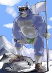  2021 anthro belly black_nose blue_body bulge canid canine canis clothing cloud domestic_dog flag hi_res hiking humanoid_hands kemono male mammal moobs mountain nipples outside overweight overweight_male solo ujishiyo underwear white_body 