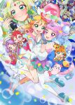 2boys 6+girls ;d agnete_(precure) ankle_bow back_bow bare_legs blonde_hair blue_eyes blue_hair blush bow brown_eyes brown_hair butler_(precure) character_request chibi choker chongire closed_eyes closed_mouth colored_eyelashes covering_mouth cure_coral cure_flamingo cure_la_mer cure_oasis cure_papaya cure_summer double_bun earrings elda_(precure) eyelash_ornament fingerless_gloves fingernails flower forehead_jewel full_body gloves gradient_hair green_eyes green_hair hair_bow hair_flower hair_ornament hand_over_own_mouth heart heart_in_eye highres holding_hands ichinose_minori jewelry kururun_(precure) laura_la_mer layered_skirt leaf_earrings long_hair looking_at_viewer magical_girl mamepote mermaid_queen_(precure) mismatched_eyelashes monster_girl multicolored_eyes multicolored_hair multiple_boys multiple_girls natsuumi_manatsu numeri_(precure) one_eye_closed pantyhose pearl_hair_ornament pink_bow pink_eyes pink_hair precure purple_eyes purple_hair red_hair seashell shell shoes side_ponytail skirt smile suzumura_sango symbol_in_eye takizawa_asuka triangle_earrings tropical-rouge!_precure white_bow white_choker white_footwear white_gloves white_legwear white_skirt yellow_bow yellow_eyes yellow_gloves 