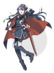  1girl bangs belt blue_eyes blue_hair boots cape eyebrows_visible_through_hair fingerless_gloves fire_emblem fire_emblem_awakening full_body gloves hair_between_eyes long_hair long_sleeves looking_at_viewer lucina_(fire_emblem) open_mouth ryon_(ryonhei) sheath sheathed solo sword thigh_boots thighhighs tiara weapon white_background 
