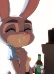  4_fingers alcohol anthro beer beverage bikini bikini_top bodily_fluids breasts clothed clothing cum cum_in_mouth cum_inside disney doxy drinking drinking_cum eyes_closed female fingers food fur genital_fluids grey_body grey_fur hand_on_chest hi_res judy_hopps lagomorph leporid long_ears mammal multicolored_body multicolored_fur rabbit shirt simple_background small_breasts solo sweat swimwear topwear two_tone_body two_tone_fur white_background white_body white_fur zootopia 