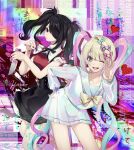  2girls ame-chan_(needy_girl_overdose) bangs black_hair black_nails black_ribbon blue_bow blue_eyes blue_hair bow chouzetsusaikawa_tenshi-chan collarbone drill_hair drugs glitch grey_eyes heart highres holographic_clothing knife large_bow long_sleeves looking_at_viewer multicolored_hair multicolored_nails multiple_girls nail_polish needy_girl_overdose ochakunn one_eye_closed one_eye_covered open_mouth pill pink_bow pink_hair pink_nails psychedelic puffy_short_sleeves puffy_sleeves purple_bow red_nails ribbon self_harm short_hair short_sleeves sidelocks skirt slit_wrist standing suspender_skirt suspenders thighs tongue twin_drills twintails white_hair yellow_bow 