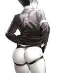  1boy android ass ass_focus back bottomless closed_mouth connor_(detroit) detroit:_become_human greyscale jacket jockstrap looking_back male_focus male_underwear mole mole_under_eye monochrome naked_jacket nude oekakixx shadow short_hair solo thick_thighs thighs underwear 