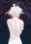  1boy aura black_background bleeding blood cuts danganronpa_(series) danganronpa_2:_goodbye_despair facing_away fingernails floating_hair from_behind hand_on_own_arm highres injury komaeda_nagito male_focus nape pale_skin qunyadu see-through self-mutilation self_hug shirt short_hair short_sleeves skinny solo spine string string_of_fate t-shirt upper_body white_hair white_shirt 