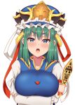  1girl :o arms_under_breasts bangs blue_eyes blue_headwear blue_vest blush breasts bright_pupils buttons eyebrows_visible_through_hair frills gold_trim green_hair hat holding holding_stick ikue_fuuji juliet_sleeves large_breasts long_hair long_sleeves looking_at_viewer open_mouth puffy_sleeves red_ribbon ribbon rod_of_remorse shiki_eiki simple_background solo stick teeth tongue touhou upper_body upper_teeth v-shaped_eyebrows vest white_background white_ribbon 