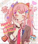  1girl birthday_cake black_jacket blue_bow bow bowtie cake character_name cherry closed_eyes commentary facing_viewer fish_hair_ornament food fortuna_j fruit furrowed_brow grid_background hair_bow hair_ornament hand_up happy_birthday headset heart heart-shaped_cake jacket light_blush long_hair megurine_luka necktie project_sekai rainbow red_bow red_necktie scrunchie shirt smile star_(symbol) star_hair_ornament stuffed_animal stuffed_toy teddy_bear twintails upper_body vocaloid white_shirt wrist_scrunchie 