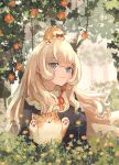  1girl :3 animal_hands animal_on_head bangs blonde_hair blue_eyes blush cat closed_mouth day dress flower forest highres long_hair looking_at_viewer nature oimo_imoo on_head original sitting solo tree upper_body witch 