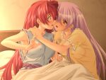  2girls :d bangs blush breasts collarbone covered_nipples dress evening_gown eyebrows_visible_through_hair game_cg hair_between_eyes ikazuchi_no_senshi_raidy_ii imminent_kiss indoors kazuma_muramasa long_hair medium_breasts multiple_girls nipples purple_hair raidy red_eyes red_hair shiny shiny_hair sitting sleeveless smile under_covers very_long_hair yellow_dress yellow_eyes yuri 