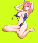  1girl ^^^ armpits arms_up barefoot breasts full_body goofy_(goldgoofy357) green_background highres large_breasts looking_at_viewer navel no_bra no_panties original pink_hair red_eyes simple_background solo sweatdrop thighs toes torn_clothes 