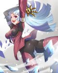  1girl absurdres ass ass_focus bangs belt blue_hair bodysuit breasts eyebrows_visible_through_hair gloves highres ice kula_diamond long_hair looking_at_viewer medium_breasts purple_eyes qome simple_background smile the_king_of_fighters white_background zipper 