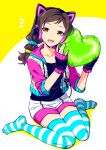  1girl :d animal_ears black_hairband black_shirt blue_scrunchie brown_hair cat_ears collarbone fake_animal_ears full_body hair_ornament hair_scrunchie hairband headphones holding idolmaster idolmaster_million_live! idolmaster_million_live!_theater_days jacket kitazawa_shiho long_hair looking_at_viewer open_clothes open_jacket open_mouth pink_sleeves scrunchie shiny shiny_hair shirt short_shorts shorts sitting sketch smile solo striped striped_legwear thighhighs touon twintails two-tone_background wariza white_background white_shorts yellow_background yellow_eyes yellow_scrunchie zettai_ryouiki 