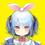  1girl 2016 animal_ears bangs blue_hair carrot_hair_ornament choker company_name copyright food-themed_hair_ornament hair_ornament hair_ribbon highres hikimayu hololive looking_at_viewer orange_eyes oshiruko_(oshiruco_212048) pout rabbit_ears ribbon short_hair short_twintails simple_background solo tearing_up thick_eyebrows twintails usada_pekora yellow_background 