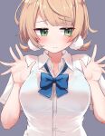  bangs blonde_hair blue_bow blue_bowtie blue_bra blunt_bangs bow bowtie bra bra_visible_through_clothes bralines festa11307070 green_eyes hair_ornament indie_virtual_youtuber pom_pom_(clothes) pom_pom_hair_ornament see-through shigure_ui_(vtuber) shirt short_hair short_sleeves short_twintails twintails underwear upper_body virtual_youtuber wet wet_clothes wet_shirt white_shirt 