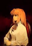  1girl black_background chair cross cross_necklace dress hands_on_lap highres jewelry long_hair looking_to_the_side neck_ribbon necklace optionaltypo orange_hair orange_ribbon purple_eyes ribbon sitting solo sophia_(xenogears) upper_body white_dress xenogears 