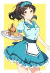  1girl apron back_bow blue_shirt blue_skirt border bow brown_hair burger collarbone contrapposto cowboy_shot dress_shirt floating_hair food grey_bow headdress holding holding_plate idolmaster idolmaster_million_live! kitazawa_shiho layered_skirt long_hair looking_at_viewer miniskirt open_mouth outline outside_border plate ponytail shiny shiny_hair shirt short_sleeves skirt solo standing touon waist_apron white_apron white_border yellow_background yellow_eyes 