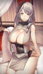  1girl absurdres azur_lane bangs bare_arms black_leotard bow breasts charybdis_(azur_lane) charybdis_(red_chamber_of_healing)_(azur_lane) cleavage closed_mouth commentary_request covered_navel cowboy_shot dress eyebrows_visible_through_hair feather_boa grey_eyes hair_bow hand_up highres indoors itaco large_breasts leotard long_hair looking_at_viewer official_alternate_costume on_bed pillow red_bow silver_hair sitting sitting_on_bed smile solo 