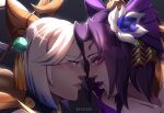  2girls artist_name bangs bekkomi blue_flower blue_hair blush cassiopeia_(league_of_legends) collarbone english_commentary eye_contact eyebrows_visible_through_hair fangs flower hair_flower hair_ornament highres league_of_legends long_hair looking_at_another lunar_empress_lux lux_(league_of_legends) multicolored_hair multiple_girls official_alternate_costume parted_bangs portrait purple_hair shiny shiny_hair short_hair spirit_blossom_cassiopeia two-tone_hair white_flower yuri 