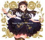  1girl 2020 :d black_neckwear black_skirt brown_hair dated floating_hair happy_birthday idolmaster idolmaster_million_live! idolmaster_million_live!_theater_days kitazawa_shiho long_hair looking_at_viewer shiny shiny_hair shirt short_sleeves skirt smile solo standing striped striped_shirt thighhighs touon vertical-striped_shirt vertical_stripes white_shirt wrist_cuffs yellow_eyes 