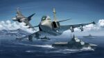  aircraft airplane cloud coat_of_arms commentary fighter_jet flying highres horizon jet military military_vehicle missile mountain mountainous_horizon ocean ost02 saab_gripen ship sky svenska_flygvapnet tre_kronor visby-class_corvette warship watercraft waves 