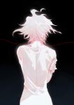  1boy black_background bleeding blood cuts danganronpa_(series) danganronpa_2:_goodbye_despair facing_away fingernails floating_hair from_behind hand_on_own_arm highres injury komaeda_nagito male_focus nape pale_skin qunyadu see-through self-mutilation self_hug shirt short_hair short_sleeves simple_background skinny solo spine string string_of_fate t-shirt upper_body white_hair white_shirt 