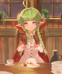  1girl :t absurdres ahoge bangs blunt_bangs bow braid brown_gloves candle cape closed_mouth commission cup dress eating fire_emblem fire_emblem_awakening food fork fruit gloves green_hair head_tilt highres holding holding_fork indoors kiriyama2109 light_smile long_hair looking_at_viewer nah_(fire_emblem) plant pointy_ears potted_plant purple_eyes red_bow red_cape saucer signature sitting skeb_commission solo strawberry strawberry_shortcake teacup twin_braids white_dress window 