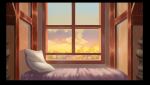  absurdres bed black_border border cloud day english_commentary high_guardian_spice highres jason_hazelroth no_humans pillow scenery window 