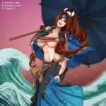  1girl arc_system_works breasts cosplay fighting flarefox guilty_gear guilty_gear_strive highres huge_breasts large_breasts long_hair mito_anji original shiranui_mai smile snk solo the_king_of_fighters umbrella 