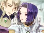  1boy 1girl animal_ears artist_name blonde_hair closed_mouth dated gloves kahran_ramsus lips looking_at_another miang_hawwa oyasu_(kinakoyamamori) purple_eyes purple_hair short_hair xenogears 