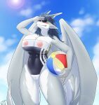  absurd_res anthro big_breasts black_hair blush breasts business_dragon_(coolryong) clothed clothing coolryong dragon eyewear female genitals hair hi_res horn nipples outside pussy reverse_gris_swimsuit scalie solo sunglasses swimwear western_dragon wings 