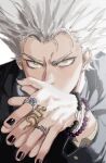  1boy absurdres black_nails black_shirt bracelet brown_eyes garou_(one-punch_man) highres jewelry looking_at_viewer male_focus multiple_rings nail_polish one-punch_man own_hands_together ring shirt short_hair solo spiked_hair thisuserisalive upper_body white_hair 