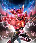  1boy armor build_driver bunny driver electricity flying gloves ground_vehicle hazard_trigger highres incoming_attack incoming_punch kamen_rider kamen_rider_build kamen_rider_build_(series) leg_up male_focus military military_vehicle motor_vehicle power_armor powering_up punching rabbit+rabbit_form red_eyes rider_belt ryukawa tokusatsu 