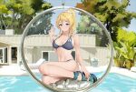  1girl absurdres ayase_eli bikini blonde_hair blue_bikini blue_eyes blue_nails breasts closed_mouth day highres house large_breasts love_live! love_live!_school_idol_project navel outdoors ponytail pool poolside sandals sitting solo steeb stomach swimsuit tree water 