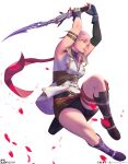  1girl armlet bike_shorts boots cape final_fantasy final_fantasy_xiii fingerless_gloves gloves gunblade highres lightning_farron midair miniskirt orihalchon petals pink_hair rose_petals shorts shorts_under_skirt skirt solo thighs weapon zipper zipper_pull_tab 